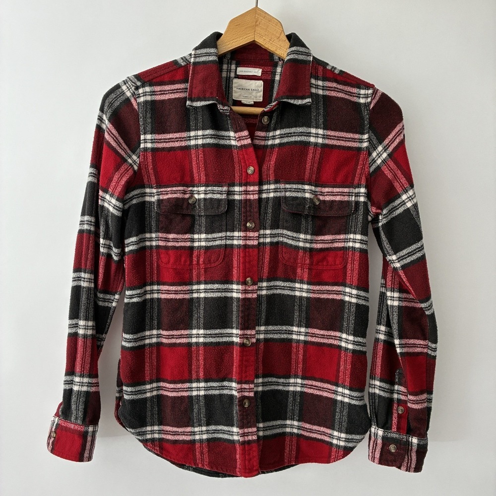 American Eagle Ahh-mazingly Soft Plaid Flannel Shirt Red Black Small Classic Fit